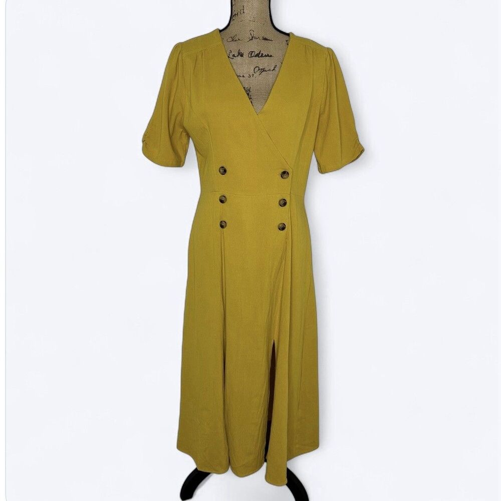 Umgee Faux Wrap Midi Dress Mustard Yellow Cotton Slits Casual Summer Sz L